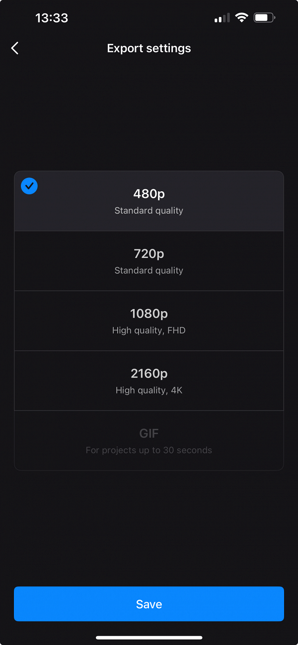 Select export setting in Clideo app Export settings for merged videos Clideo