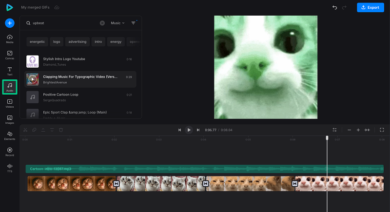 Upload music to video from GIFs Add audio in video from GIFs
