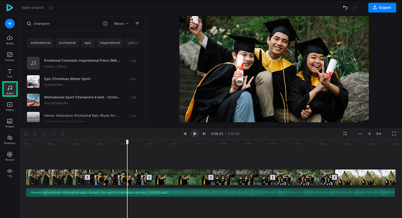 Add music to project with video fade effects