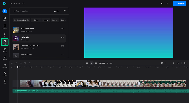 Add music to project with video transitions