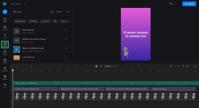 Add music to text video