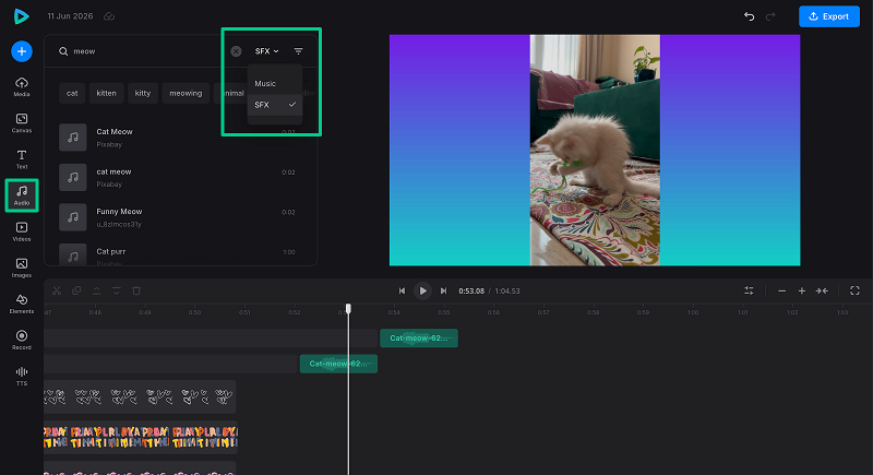Add sound effects to project with video transitions