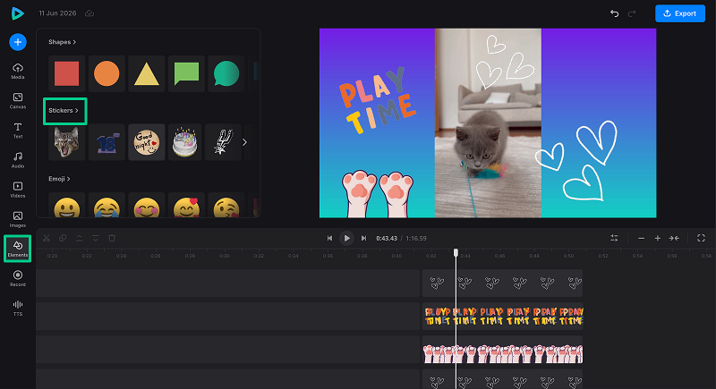 Add stickers to project with video transitions