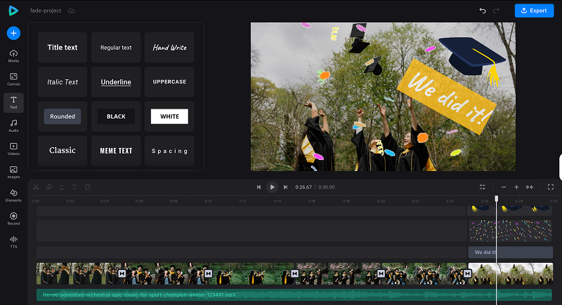 Add text to project with video fade effects