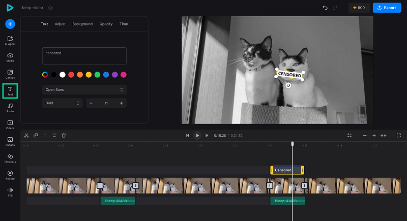 Add text to video with bleep sound effect