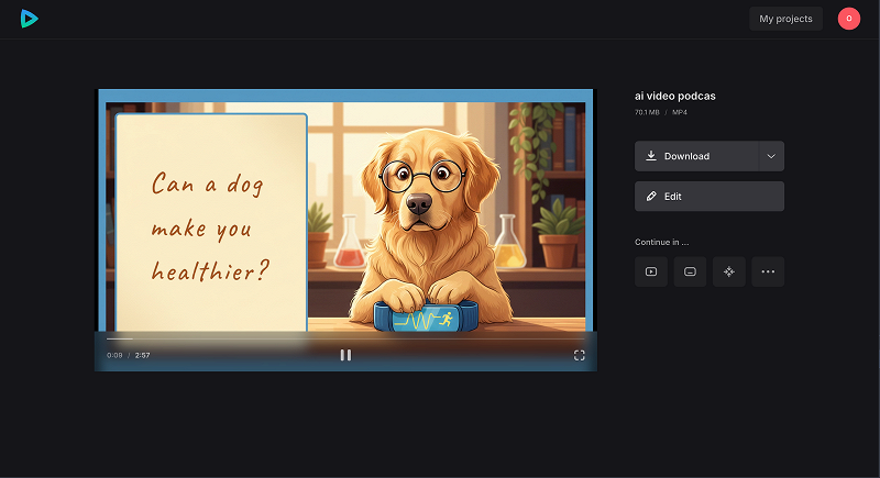 Download finished video Download the completed AI-edited video