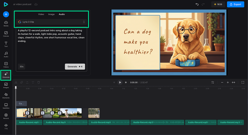 AI audio generation Generate audio for an AI video editing project