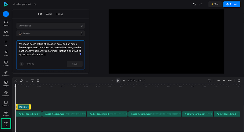 AI narration workflow AI video editing project with text to speech narration