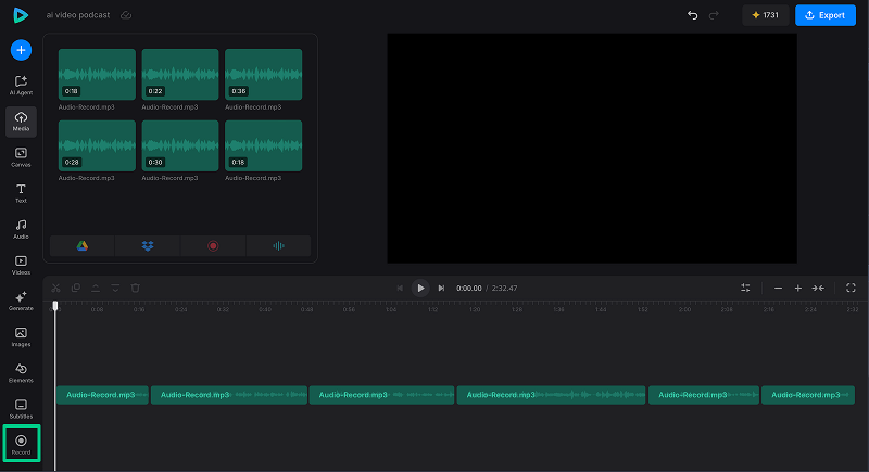 Podcast narration timeline AI video editing project with recorded narration