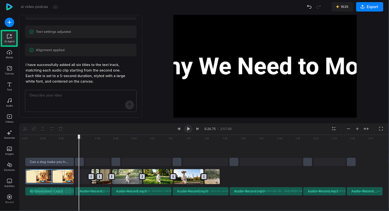 Add titles with AI Agent Clideo AI Agent adding titles to the video timeline