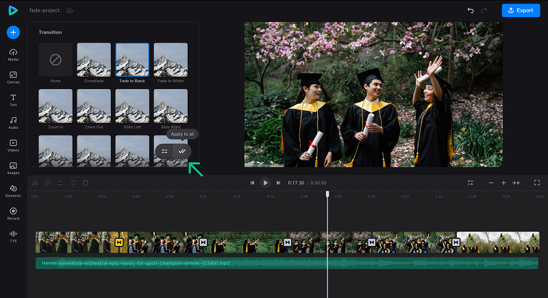 Apply video fade effect to all transitions