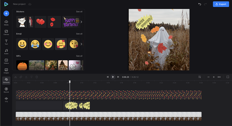 Place elements in a video invitation GIF Arrange assets in a Halloween gif party invitation