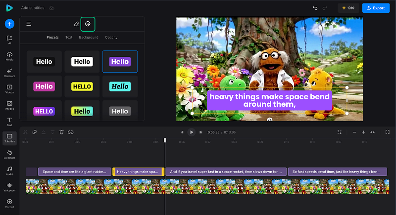 Customize subtitle presets, text, background, and opacity