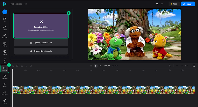 Choose automatic subtitles, an SRT upload, or manual transcription