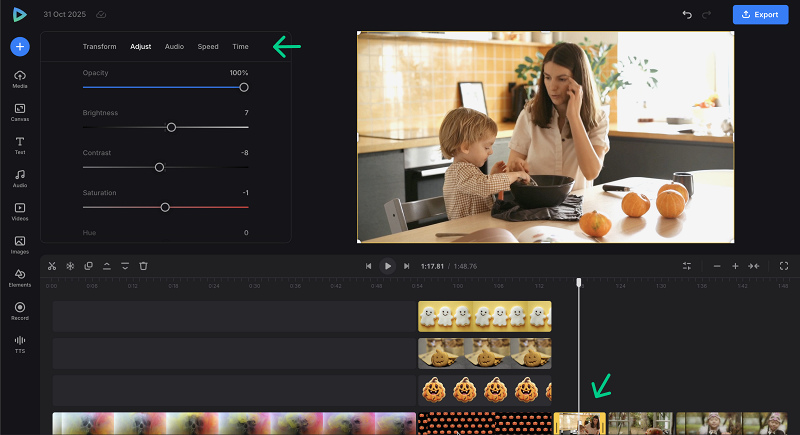 Edit clips in a Halloween challenge video