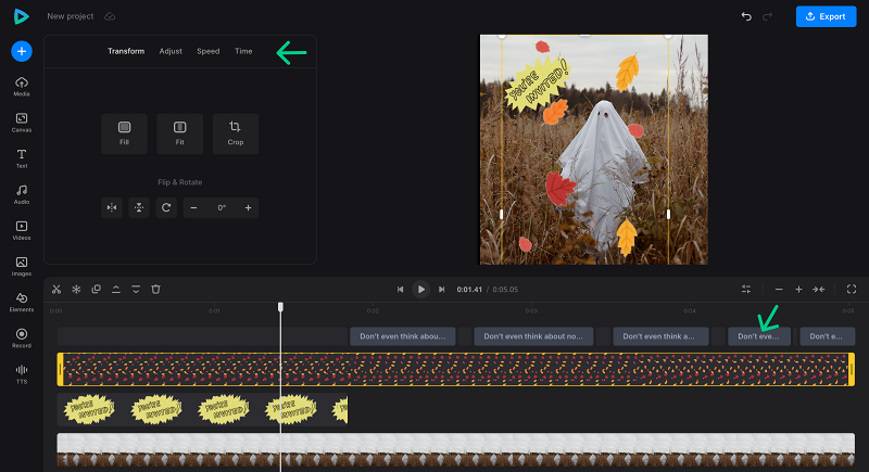 Customize elements in a video invitation GIF Edit clips in a Halloween gif party invitation