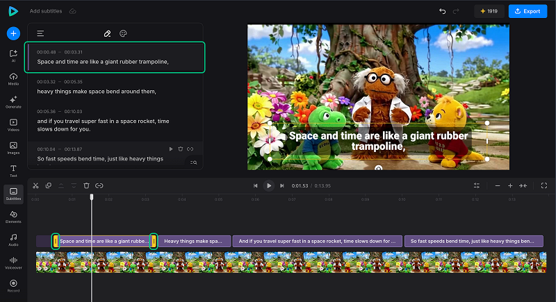 Edit subtitle text and timestamps alongside the video