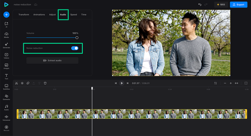 Noise reduction settings for clearer speech in a video