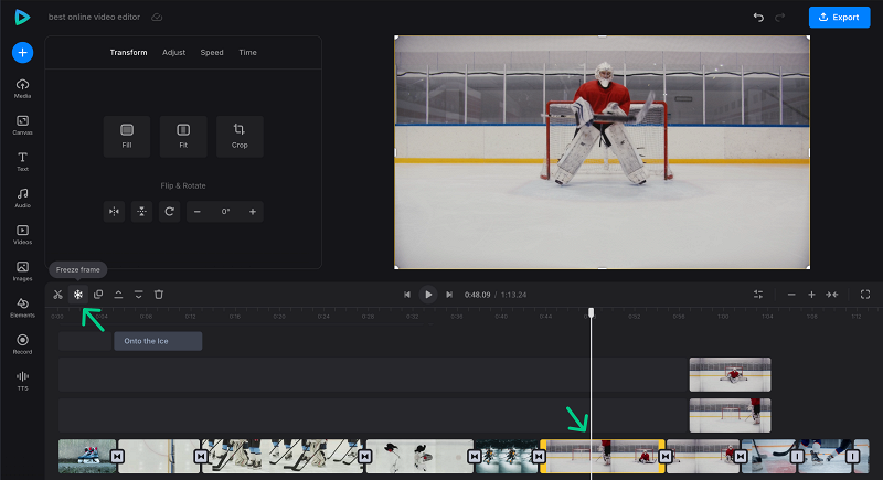 Freeze frame in online video editor