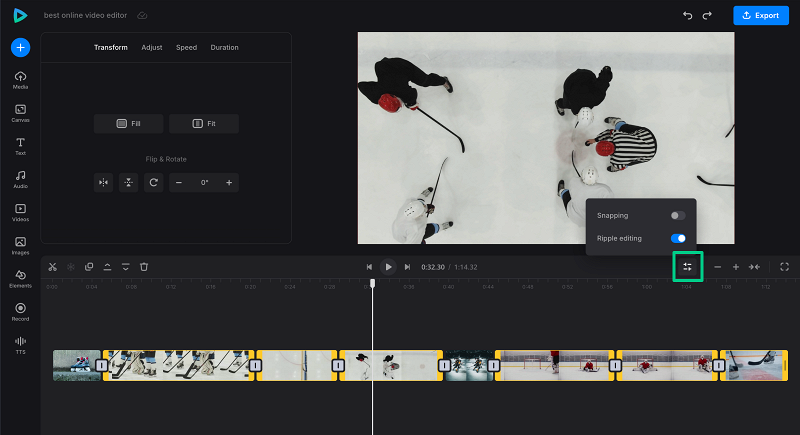 Ripple editing mode in online video editor