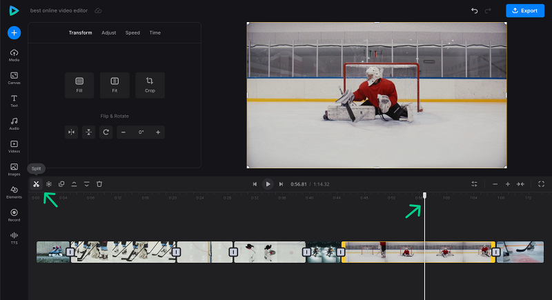 Trim and split in online video editor