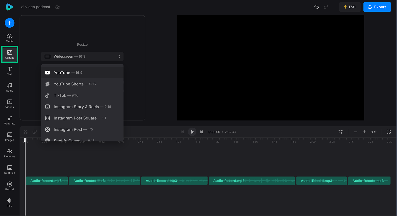 Video project canvas Canvas settings for an AI video editing project