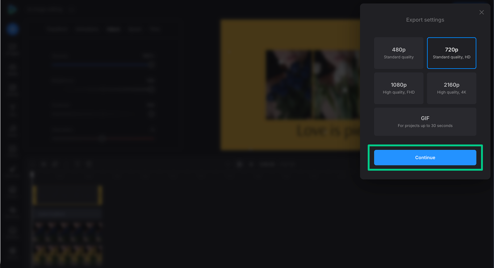 Choose video export quality Export project with AI images