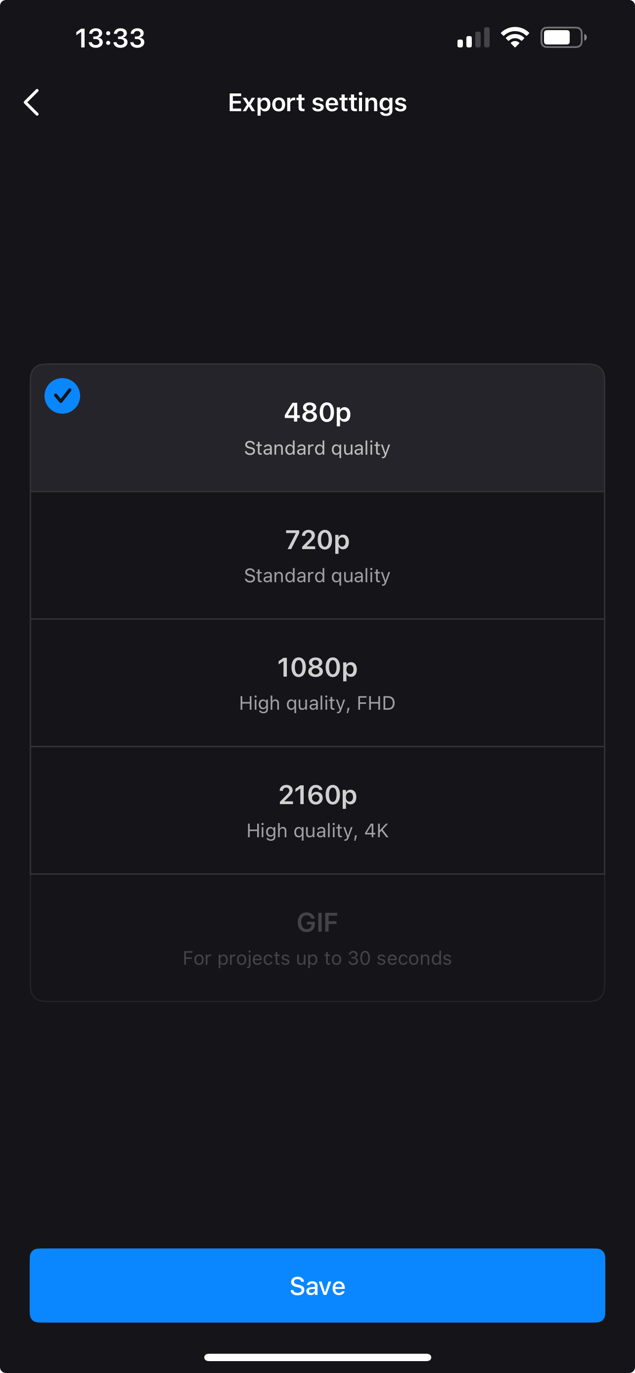 Select export setting in Clideo app Export settings for merged videos Clideo