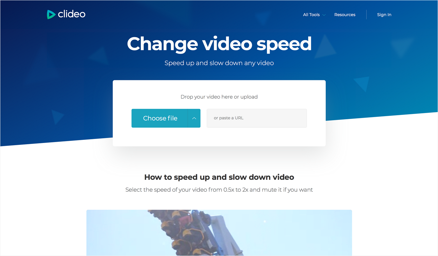 How to upload a file to Clideo Upload a video clip you want to slow down