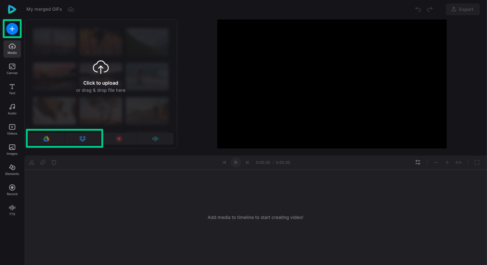 Add files to make video from GIFs Upload GIFs to combine into one video